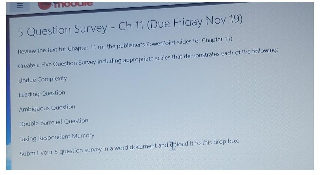 mooolt 5 Question Survey - Ch 11 (Due Friday Nov