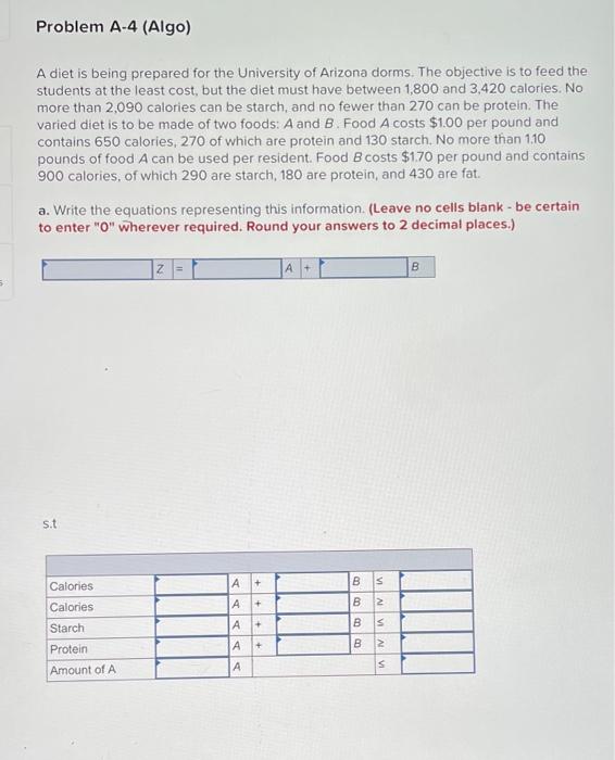 Problem A-4 (Algo) A diet is being prepared for
