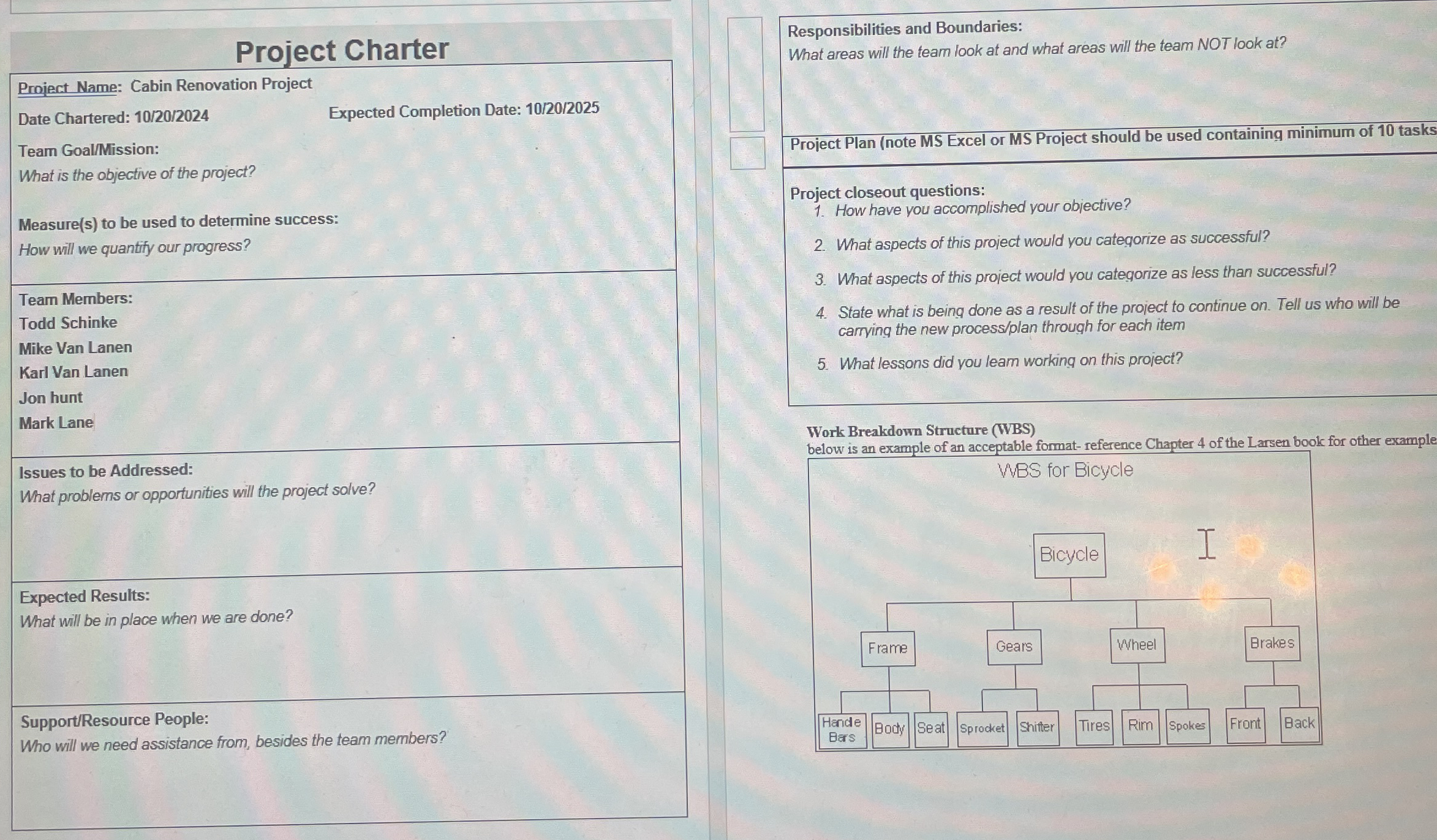 Project Charter Project Name: Cabin Renovation