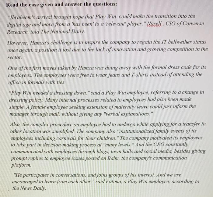 the subject is H.R Read the case given and answer