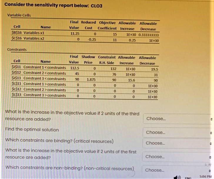 Consider the sensitivity report below: CLO3