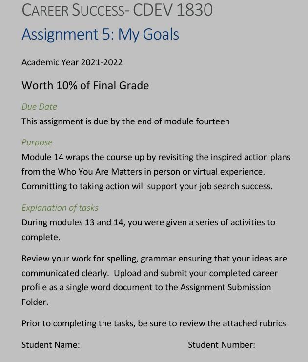 CAREER SUCCESS- CDEV 1830 Assignment 5: My Goals