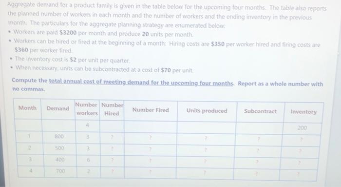 Aggregate demand for a product family is given in