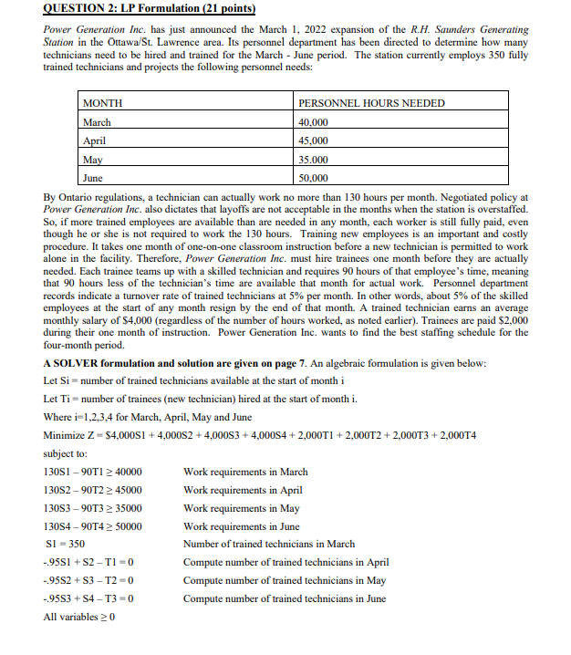 QUESTION 2: LP Formulation (21 points) Power