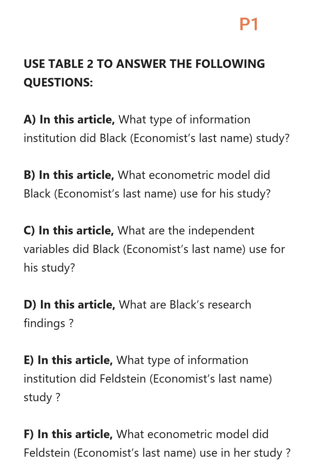 YOU CAN ONLY ANSWER BY USING THE TABLE BELOW.
