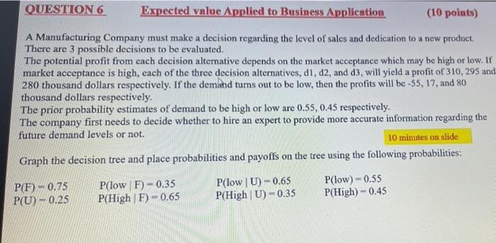 QUESTION 6 Expected value Applied to Business