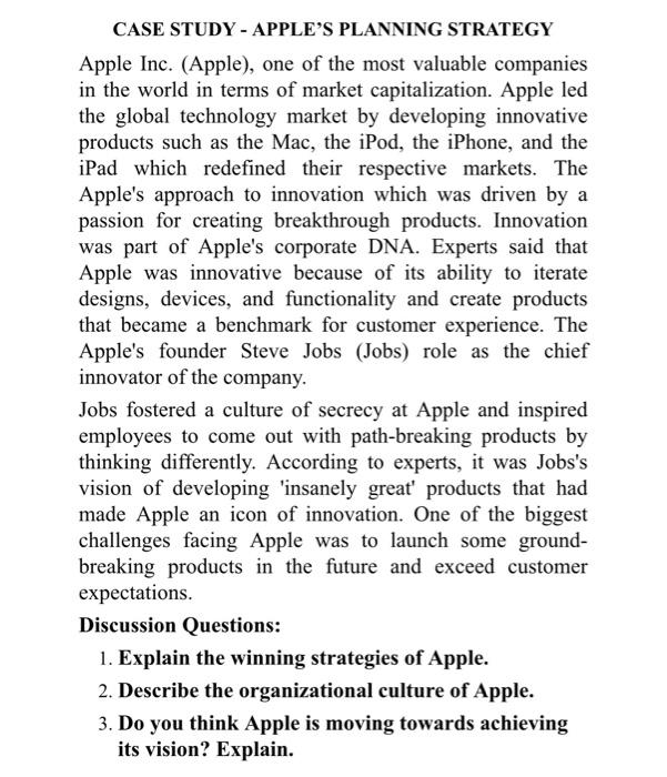 CASE STUDY - APPLE'S PLANNING STRATEGY Apple Inc.