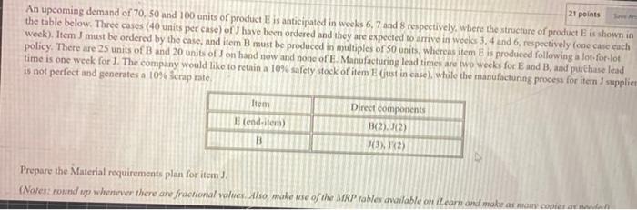 show steps and solve in mrp table 21 points An