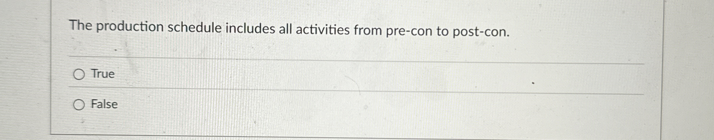 The production schedule includes all activities