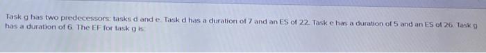 Task g has two predecessors tasks d and eTask d