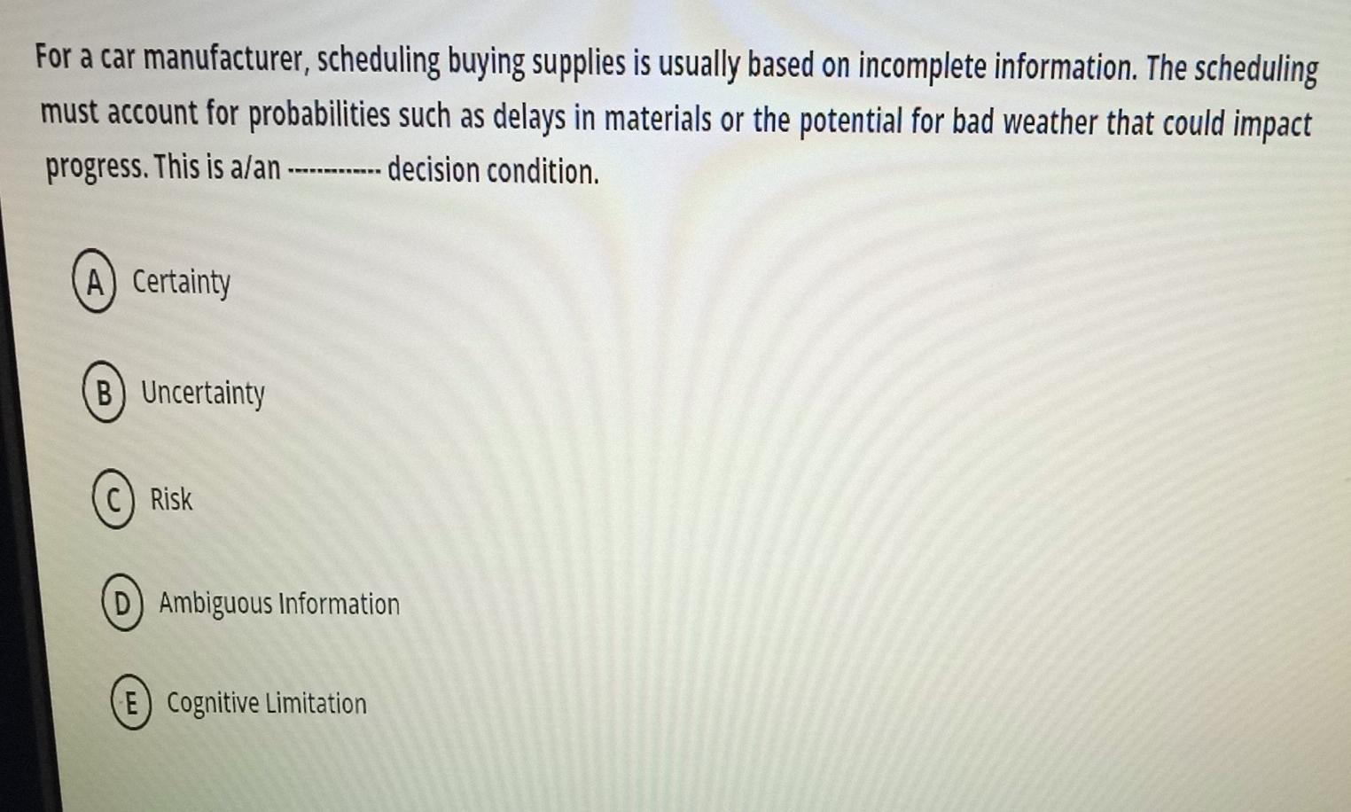 q11 For a car manufacturer, scheduling buying