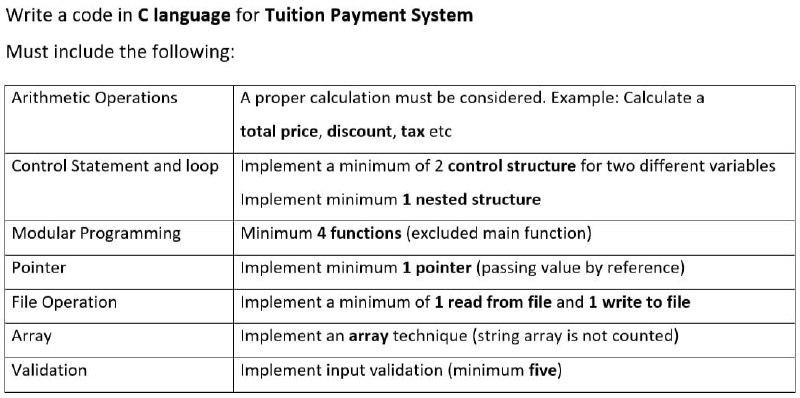 Write a code in C language for Tuition Payment