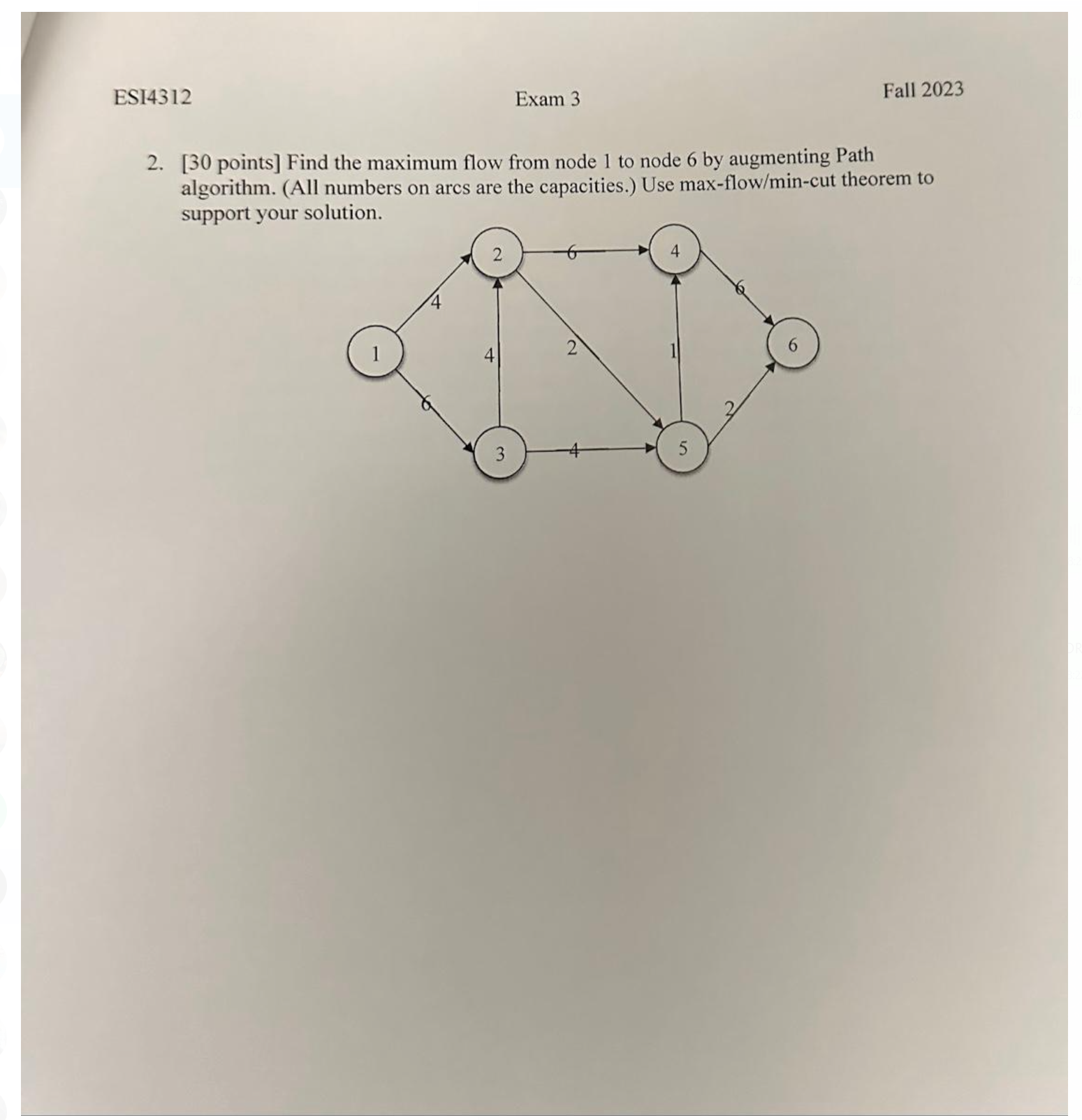 find the maximun flow from node 1 to node 6 by