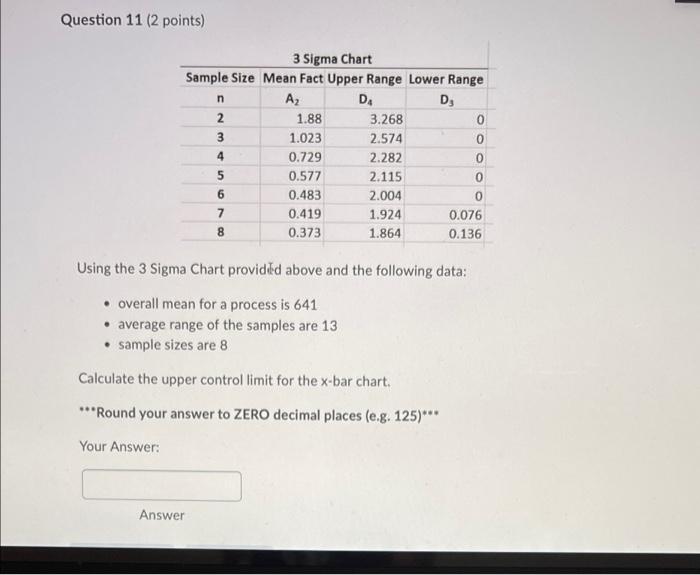 Question 11 (2 points) 3 Sigma Chart Sample Size