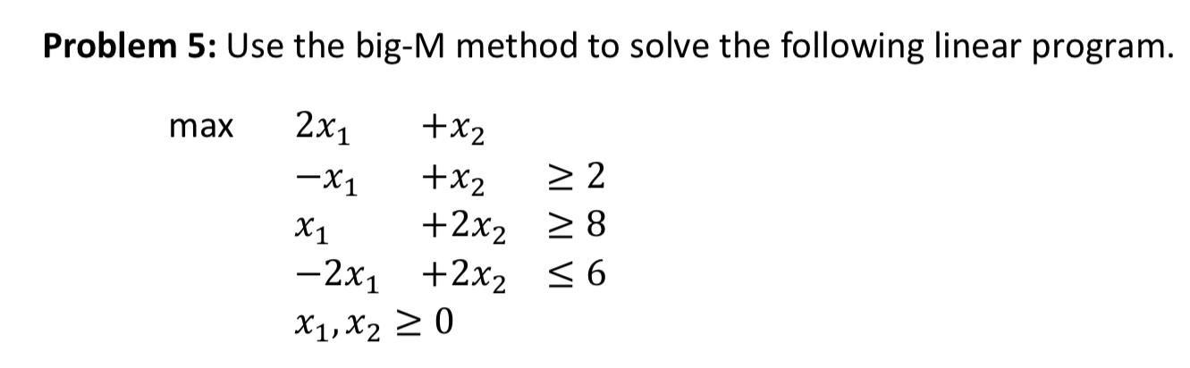 Problem 5: Use the big-M method to solve the
