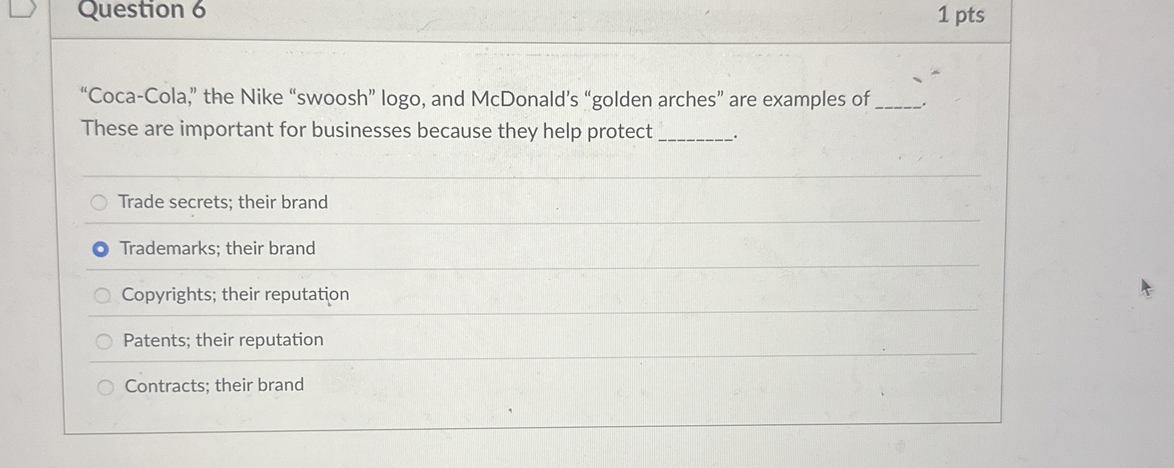 Question 6 1 pts "Coca - Cola," the Nike "swoosh"