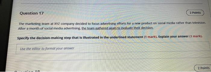 Question 17 2 Points The marketing team at XYZ