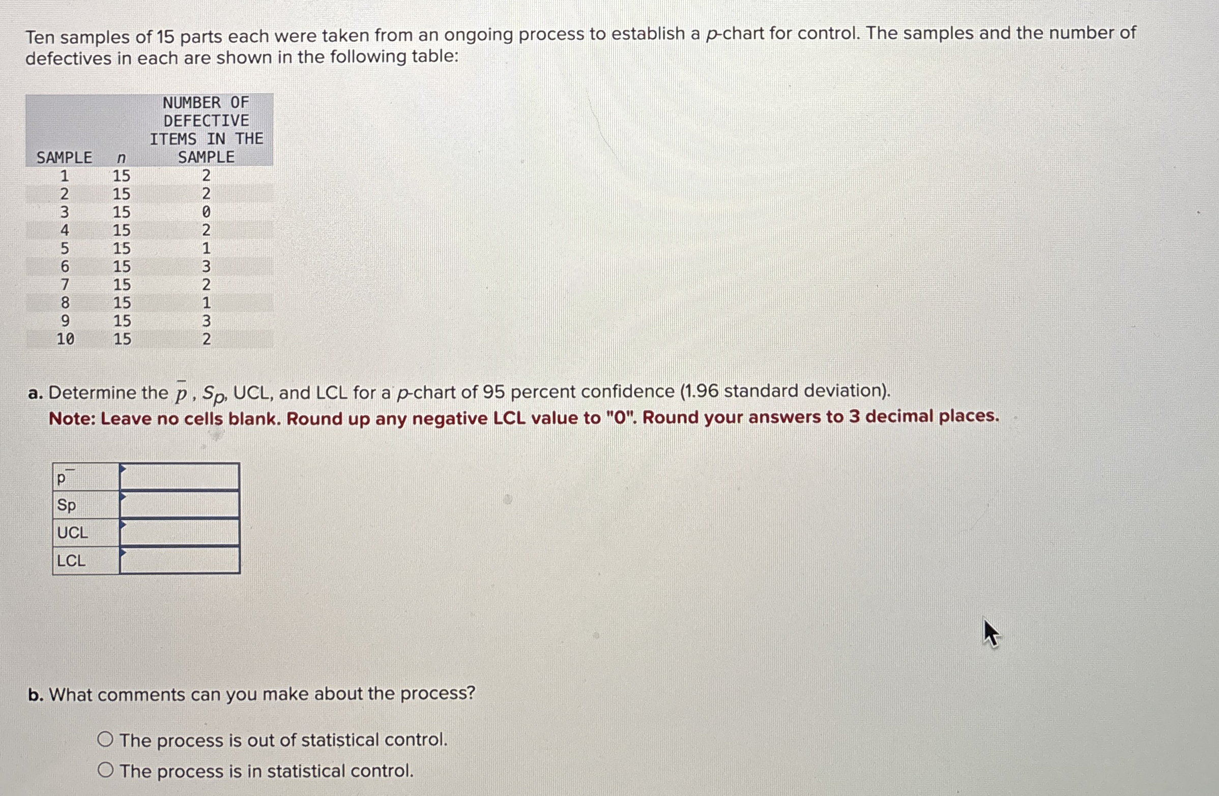 Ten samples of 1 5 parts each were taken from an