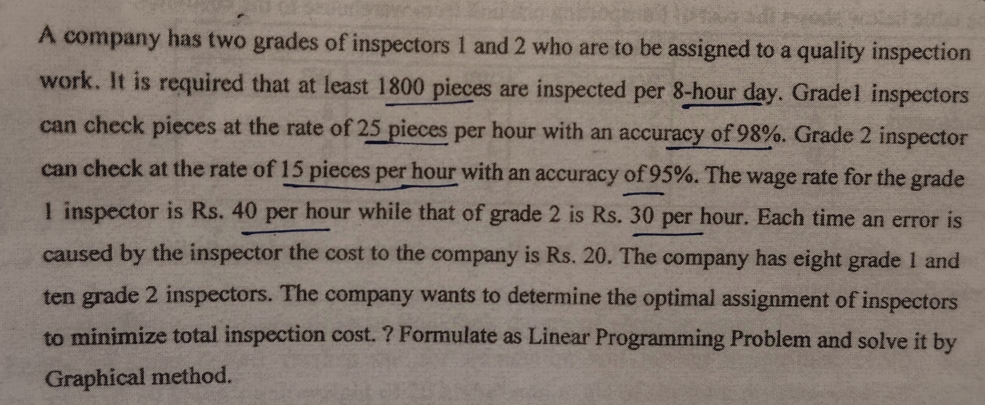A company has two grades of inspectors 1 and 2