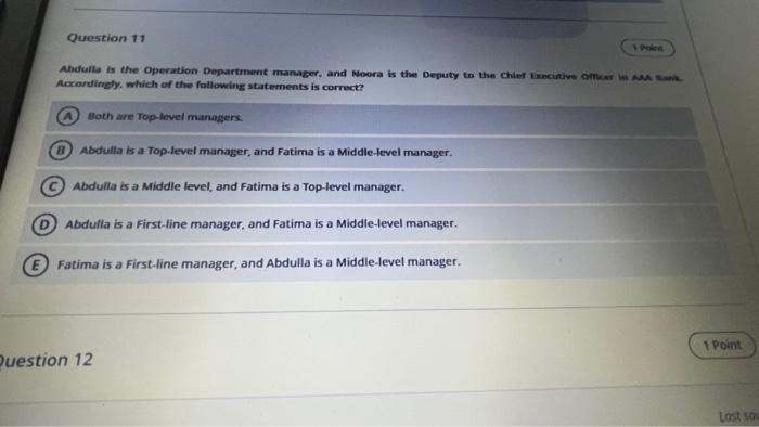Question 11 Abdulla is the Operation Department
