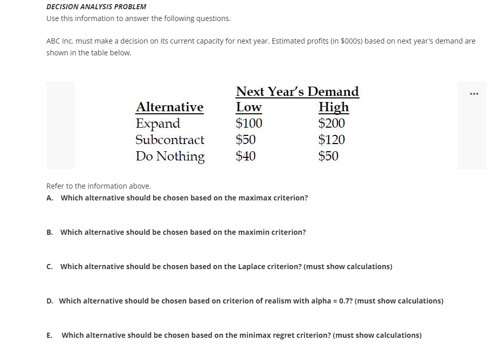 DECISION ANALYSIS PROBLEM Use this information to