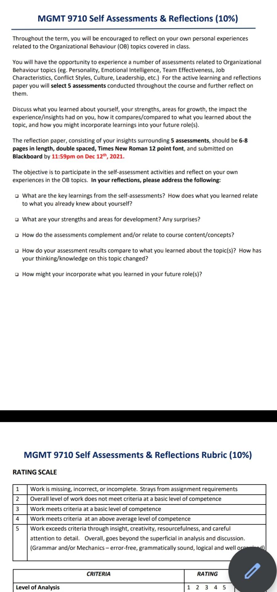 MGMT 9710 Self Assessments & Reflections (10%)