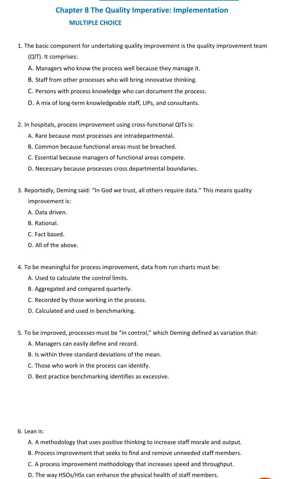 Chapter 8 The Quality Imperative: Implementation