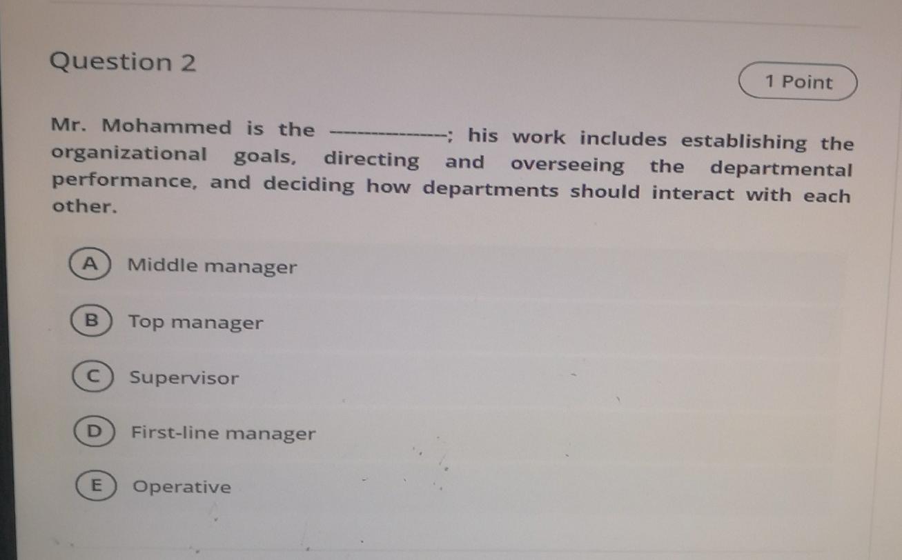 Q2 Question 2 1 Point Mr. Mohammed is the ; his