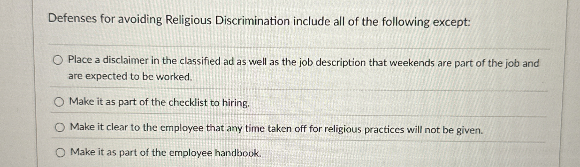 Defenses for avoiding Religious Discrimination