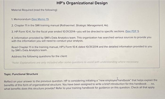 HP's Organizational Design Material Required