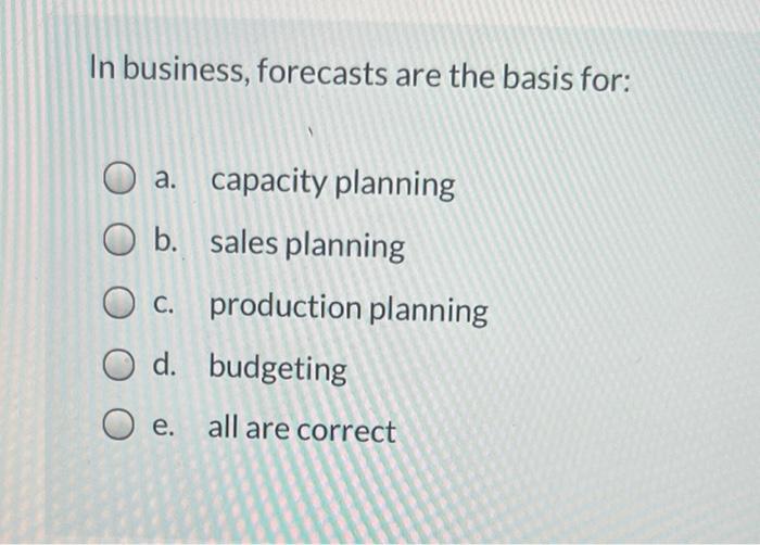 In business, forecasts are the basis for: O a