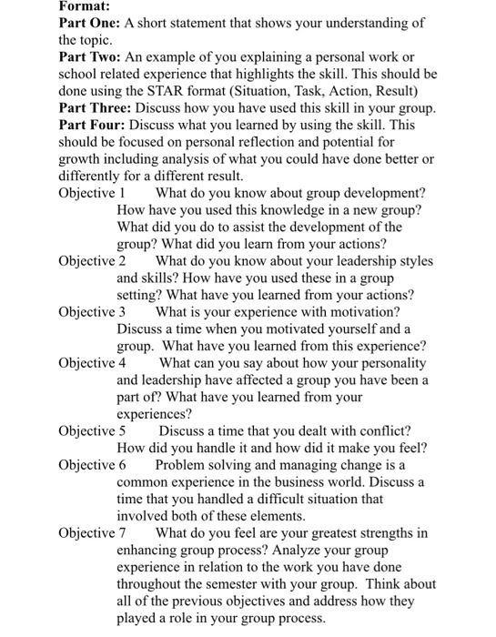 Format: Part One: A short statement that shows