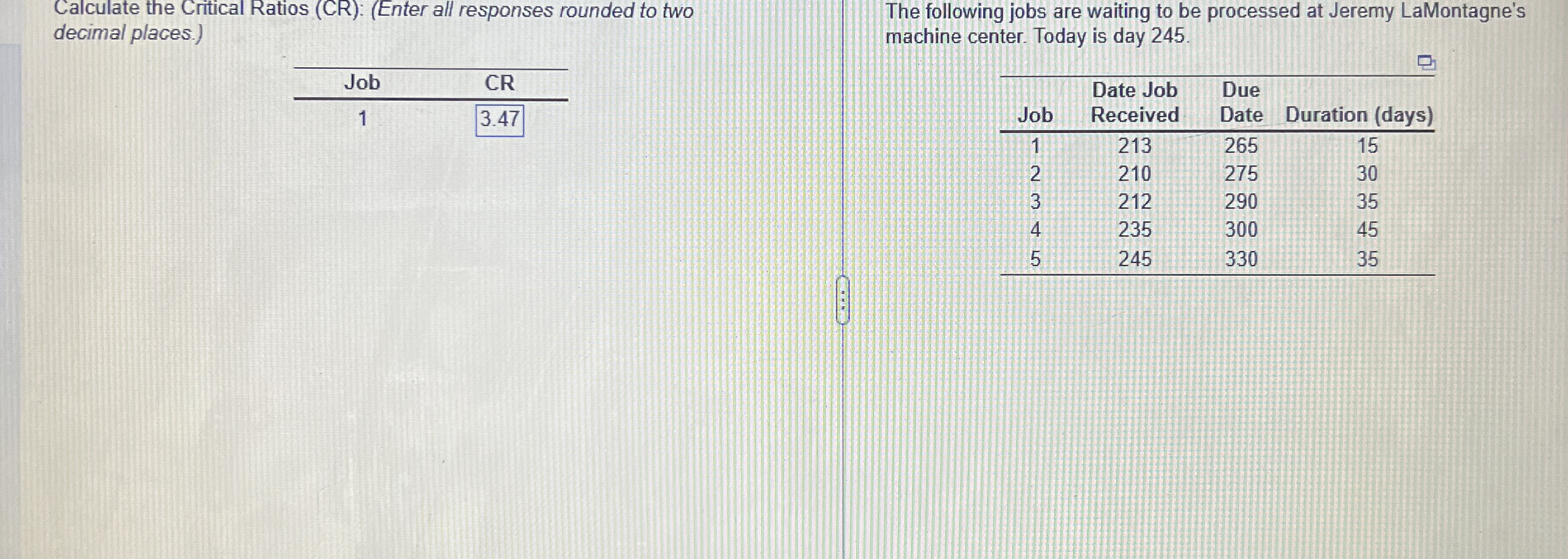 Calculate the Critical Ratios ( CR ) : ( Enter