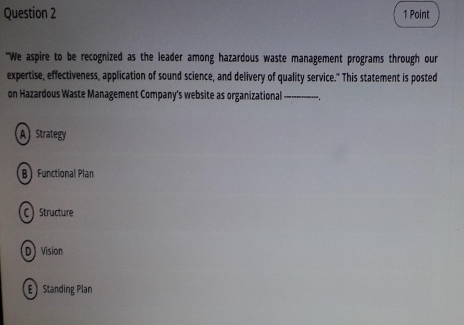q2 Question 2 1 Point "We aspire to be recognized