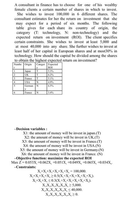 A consultant in finance has to choose for one of