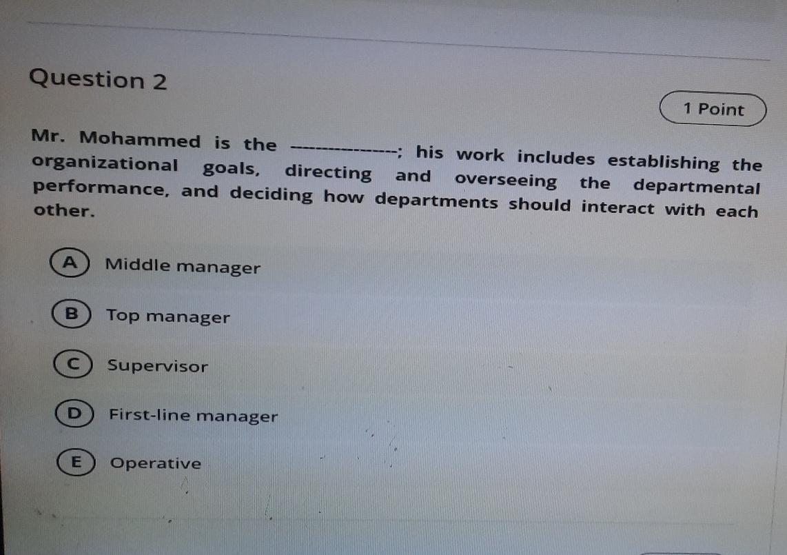 q2 Question 2 1 Point Mr. Mohammed is the --; his