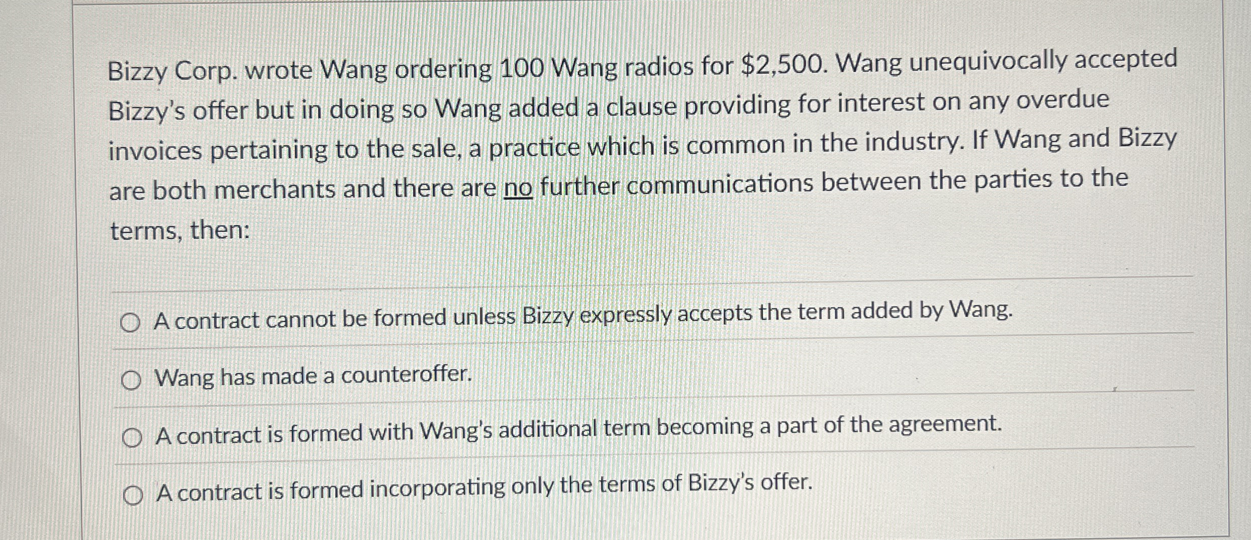 Bizzy Corp. wrote Wang ordering 1 0 0 Wang radios