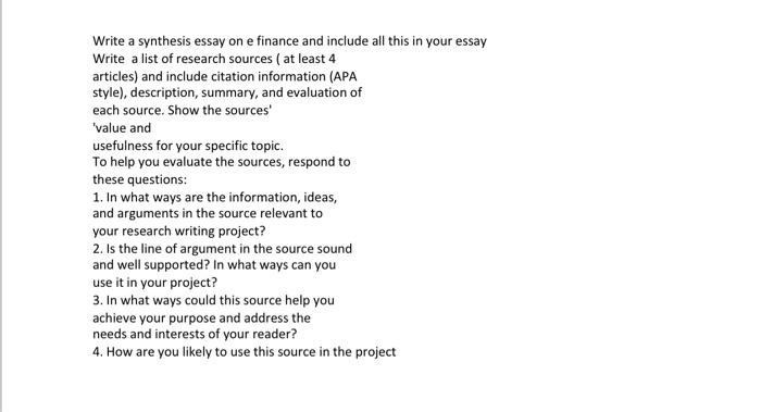 English Write a synthesis essay on e finance and