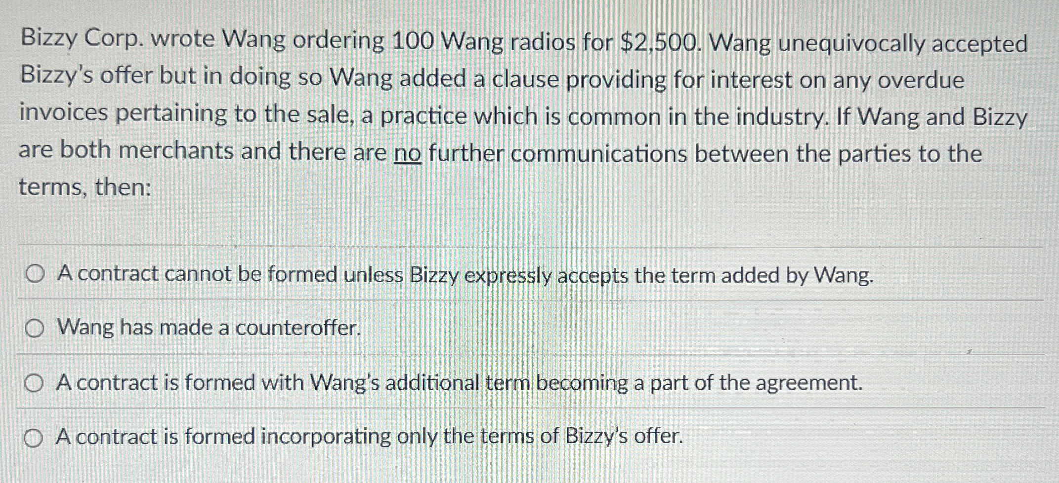 Bizzy Corp. wrote Wang ordering 1 0 0 Wang radios