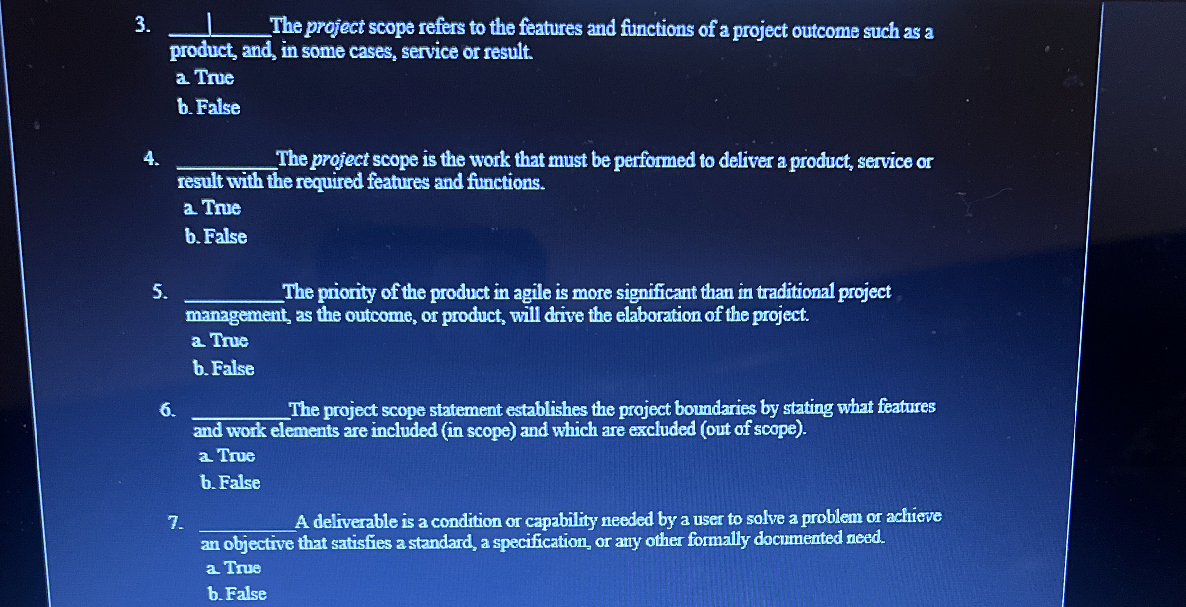q , The project scope refers to the features and