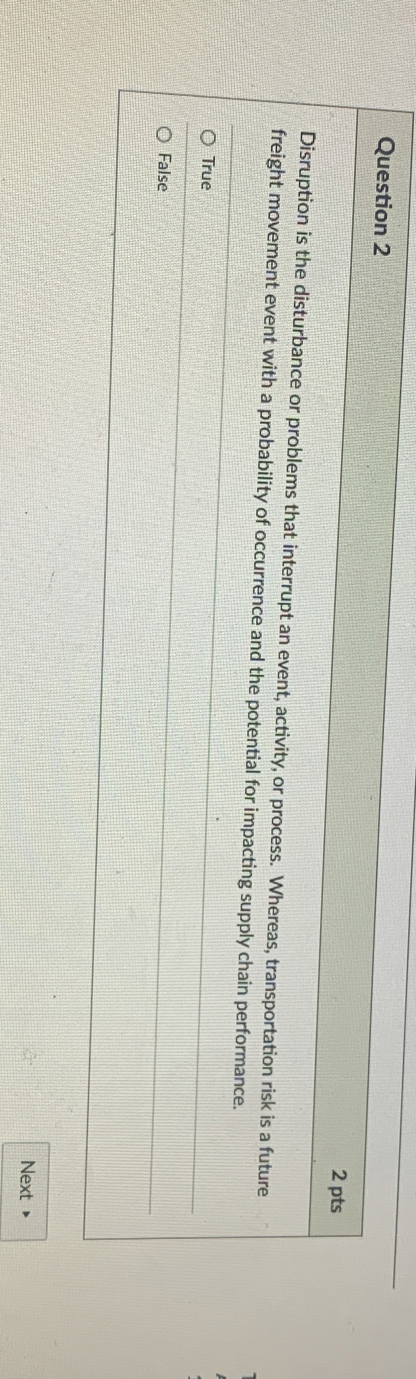 Question 2 2 pts Disruption is the disturbance or