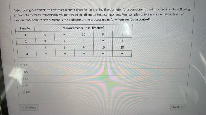 A design engineer wants to construct a mean chart