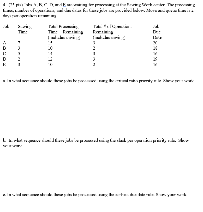 4 . ( 2 5 pts ) Jobs A , B , C , D , and \ ( \