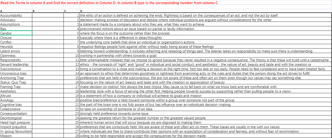Read the Terms in column A and find the correct