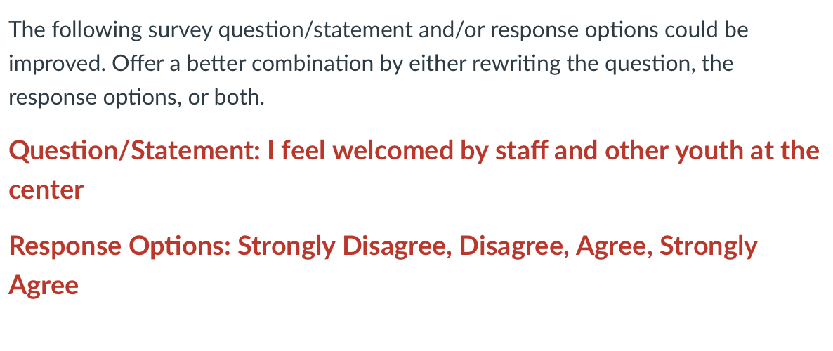 The following survey question/statement and/or