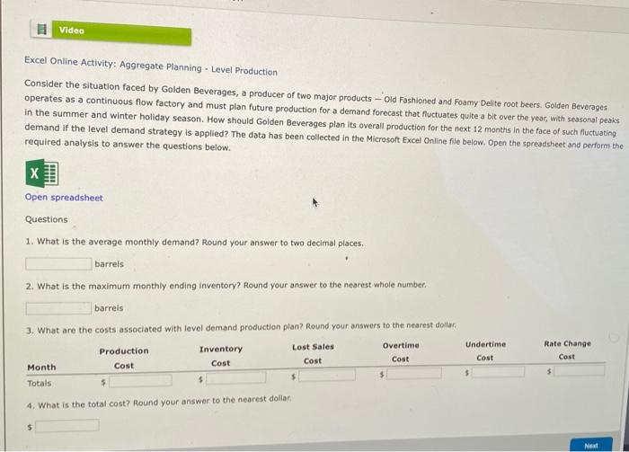1 Video Excel Online Activity: Aggregate Planning