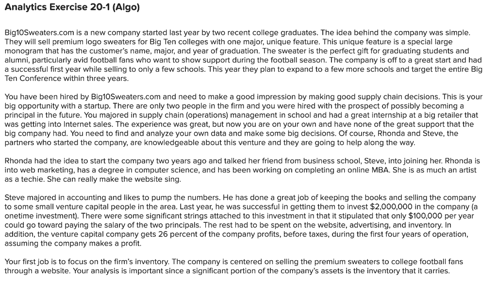 Analytics Exercise 20-1 (Algo) Big10Sweaters.com