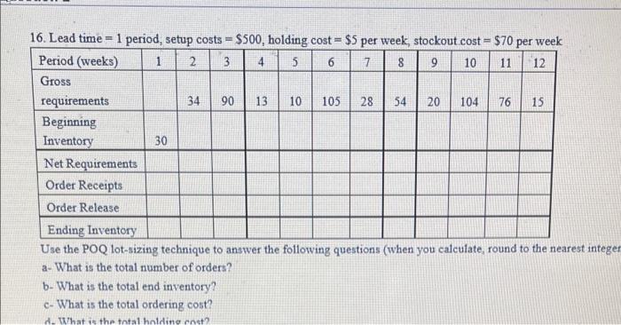 please asap 3 6 9 16. Lead time - 1 period, setup