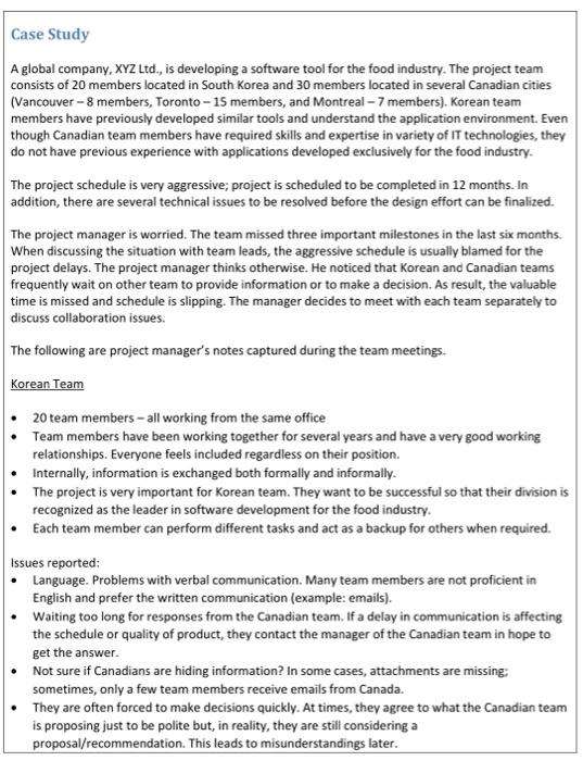 Case Study A global company, XYZ Ltd., is