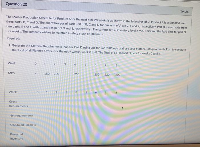 NEED HELP Question 20 16 pts The Master